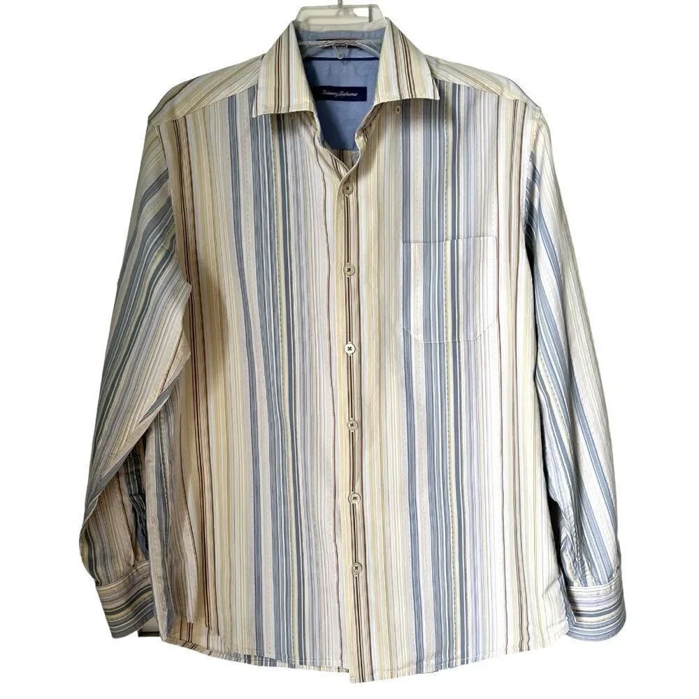 Tommy Bahama Men Button Down Yellow Blue Striped Long Sleeve Casual Shirt Sz M